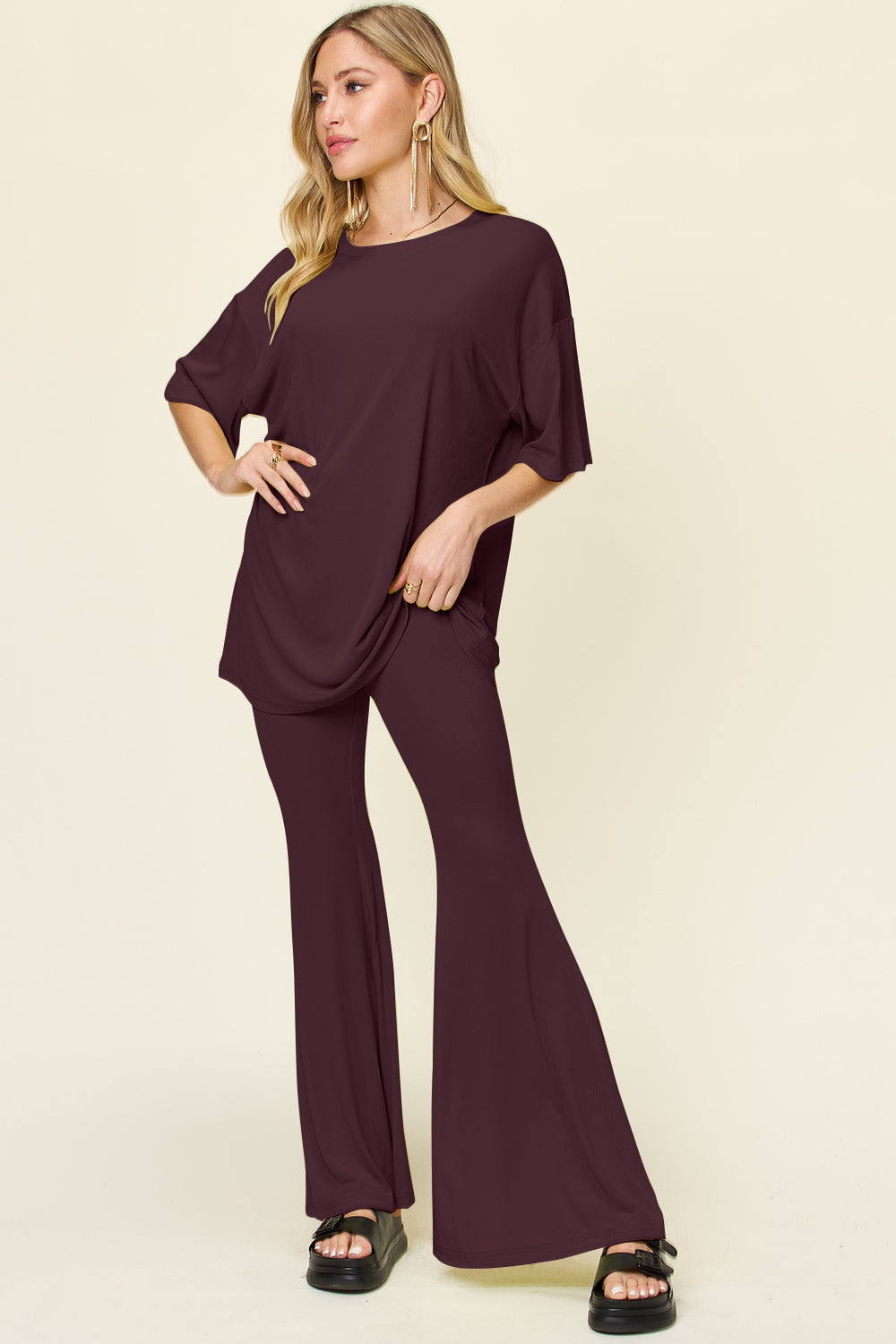 Drop Shoulder T-Shirt and Flare Pants Set- 6 Colors (Black, Mocha, Dusty Pink, Light Grey, Lavender, Deep Red)