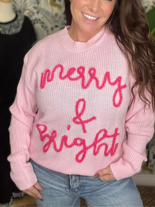 Merry & Bright Christmas Sweater- 2 Colors (Pink, Purple)