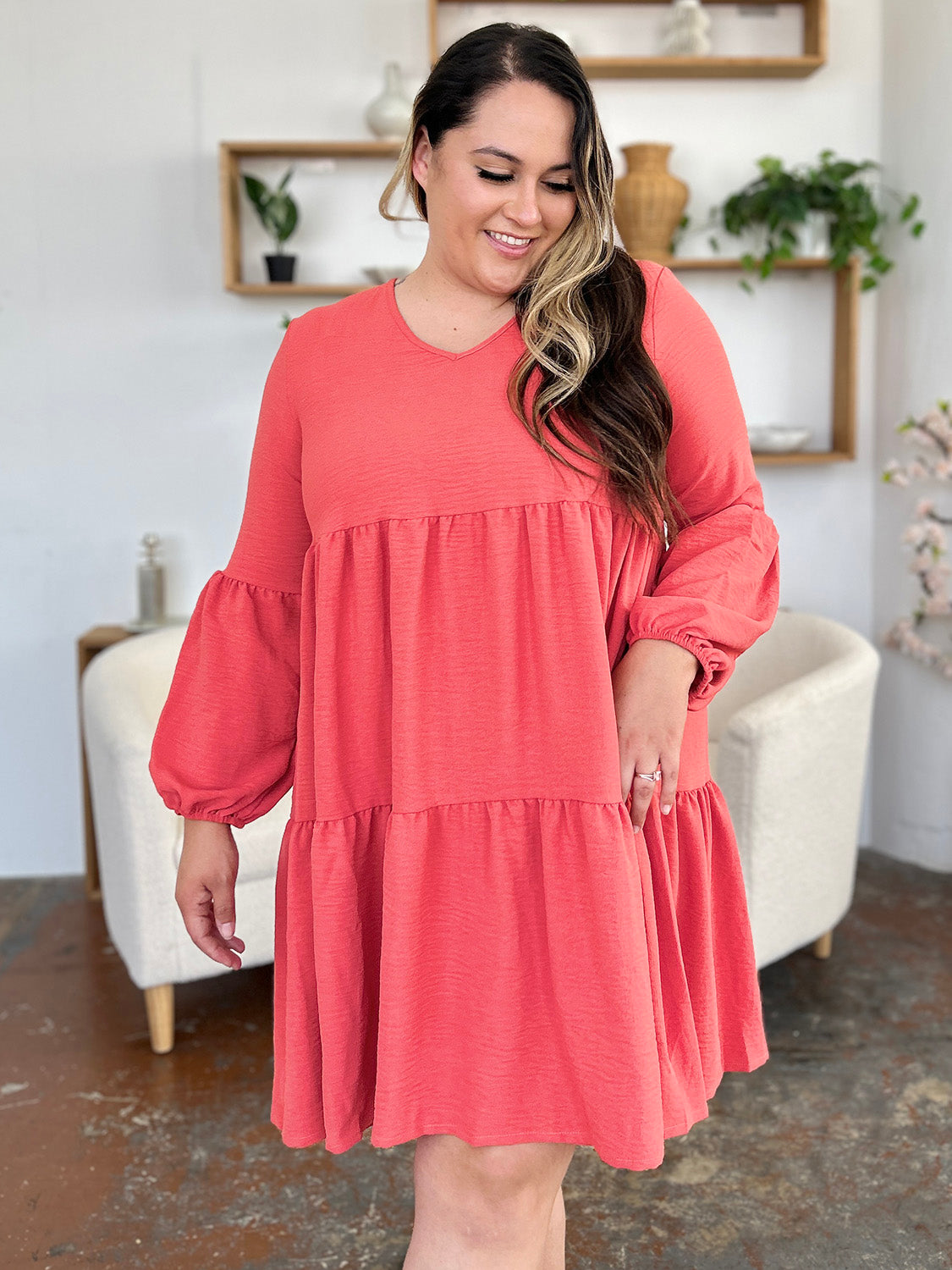 V-Neck Balloon Sleeve Tiered Dress with Pockets- 5 Colors (Pink, Coral, Black, Light Green, Light Blue)