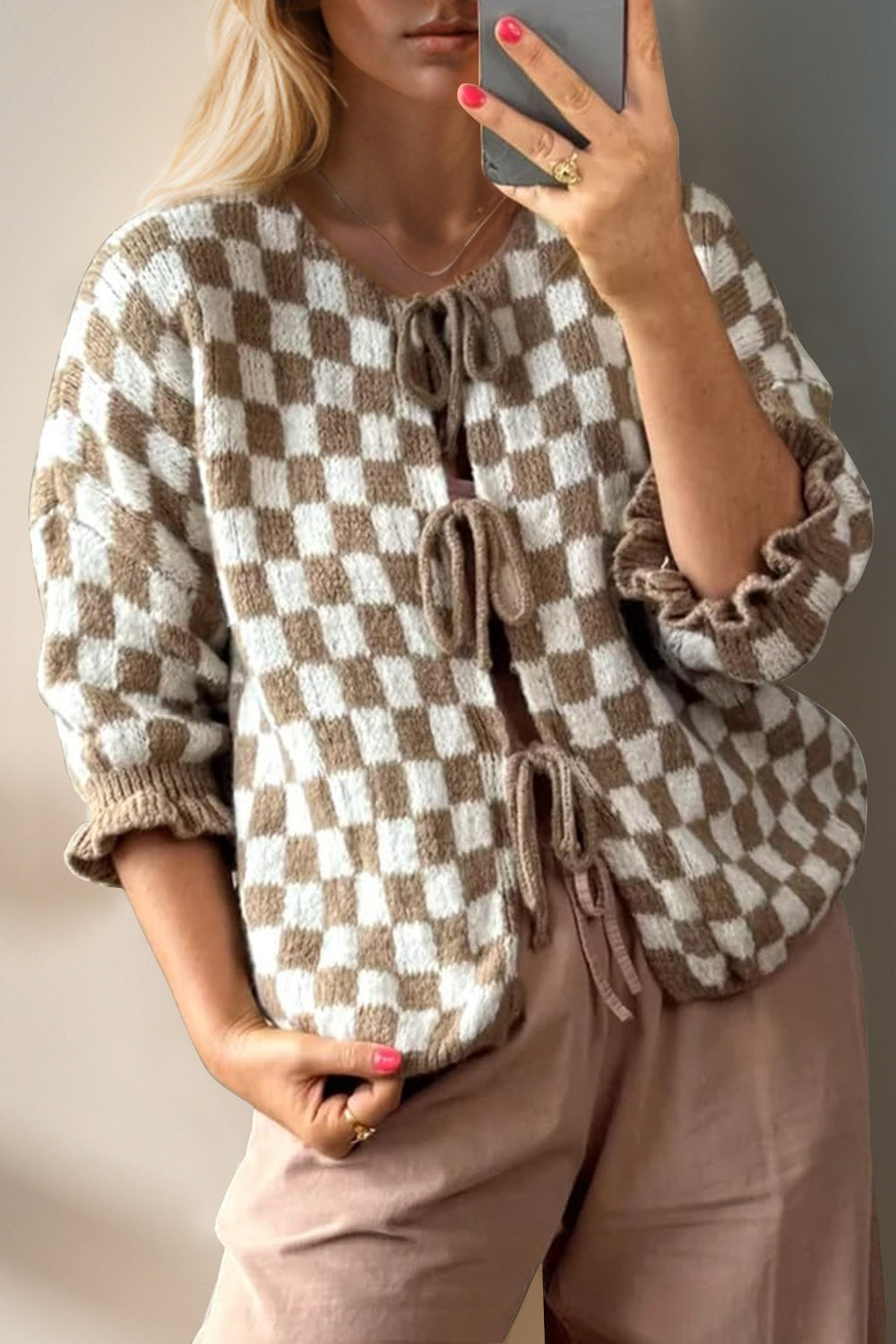 Tied Checkered Dropped Shoulder Cardigan- 7 Colors