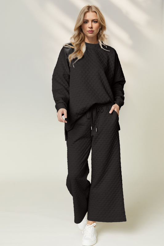 Checkered Slit High-Low Top and Wide Leg Pants Set- Black