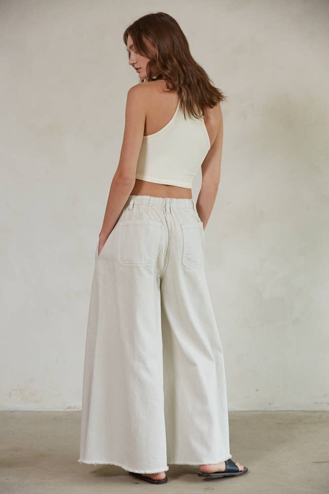 BD297 | Cotton Denim Wide Leg Pants: Stone / S