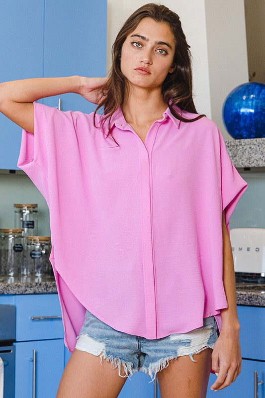 Happier Times Button Up Blouse- Bubblegum