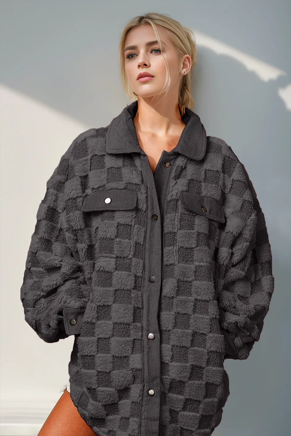 Call Me Boujee Fuzzy Checkered Shacket- Black