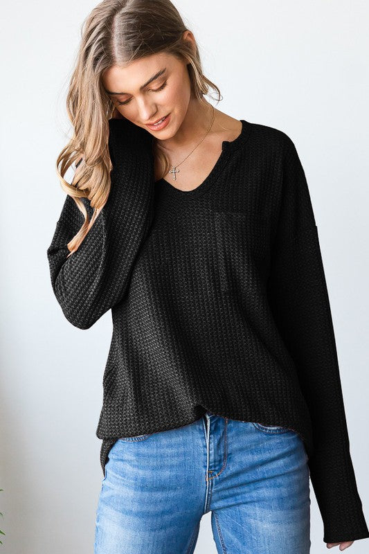 Standing Tall Waffle Knit Top- Black