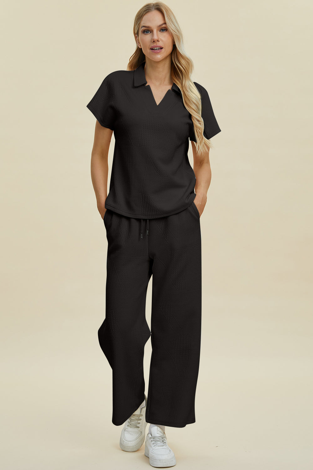 Collared Neck Short Sleeve Top and Pants Set- 2 Colors (Cream, Black)