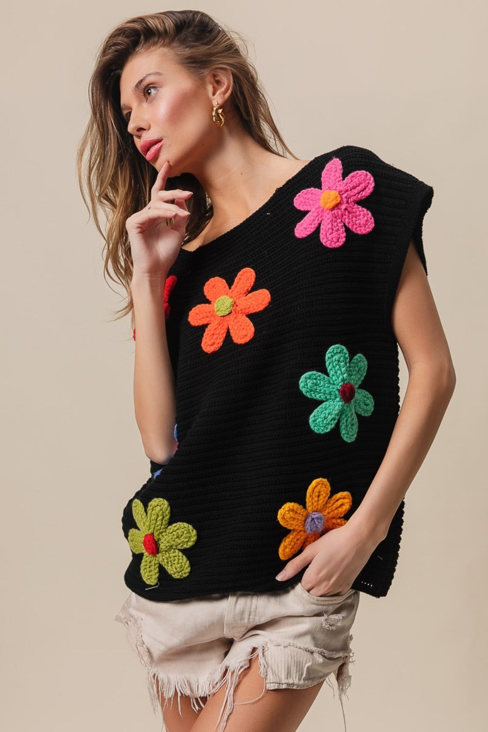 BiBi Flower Cap Sleeve Knit Top