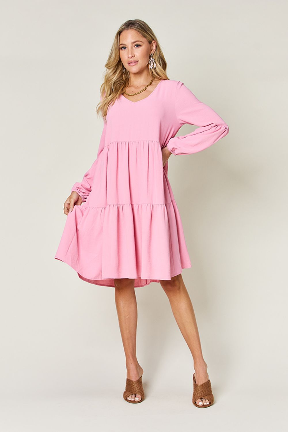 V-Neck Balloon Sleeve Tiered Dress with Pockets- 5 Colors (Pink, Coral, Black, Light Green, Light Blue)