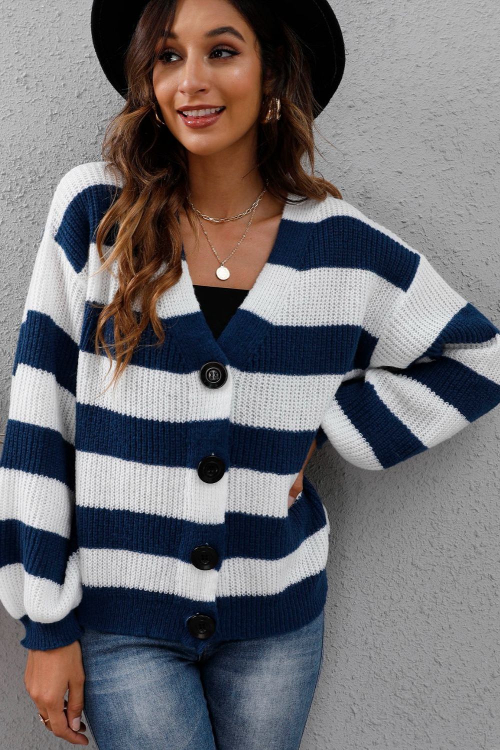 Striped Button Up Sweater- 4 Colors (Caramel, Black, Navy, Forest