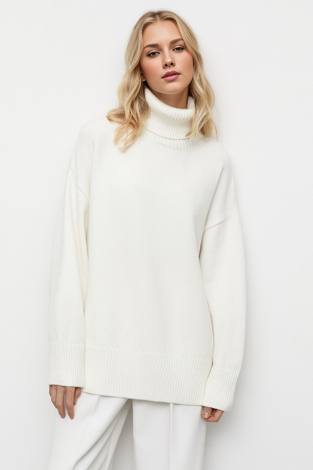 Turtleneck Dropped Shoulder Sweater- 3 Colors (Hot Pink, Blush, White)