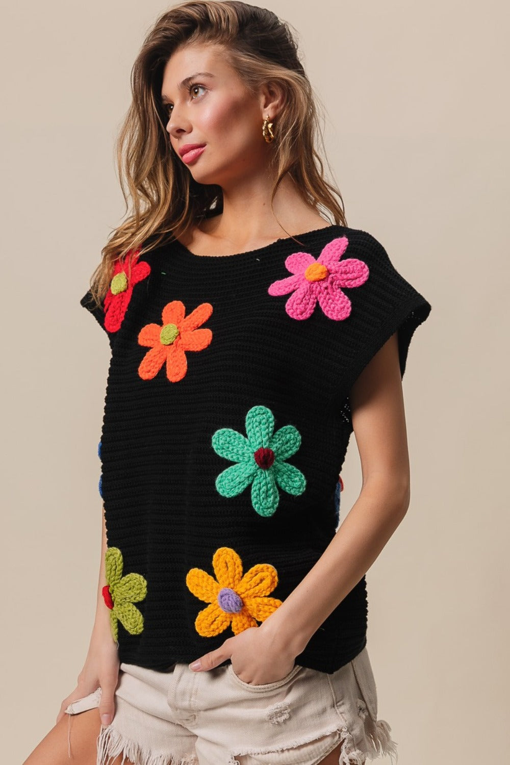 BiBi Flower Cap Sleeve Knit Top