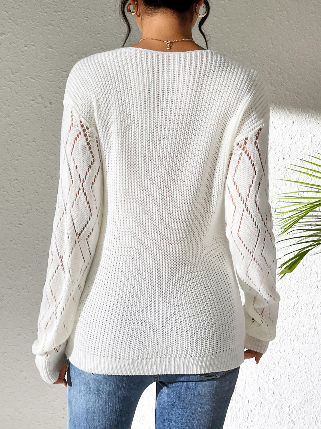 Openwork V-Neck Long Sleeve Sweater- 5 Colors (White, Black, Dark Blue, Strawberry, Lime)