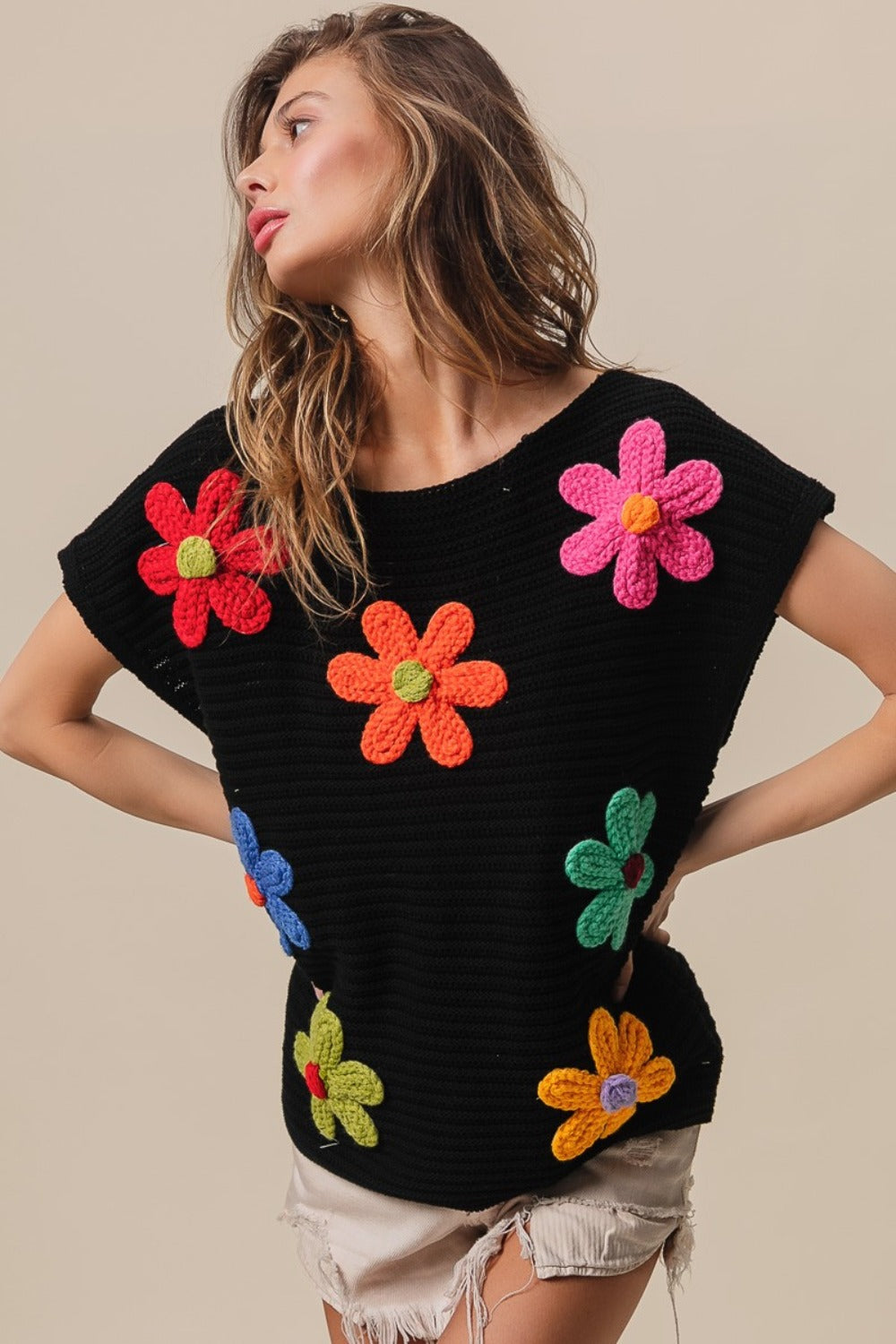 BiBi Flower Cap Sleeve Knit Top