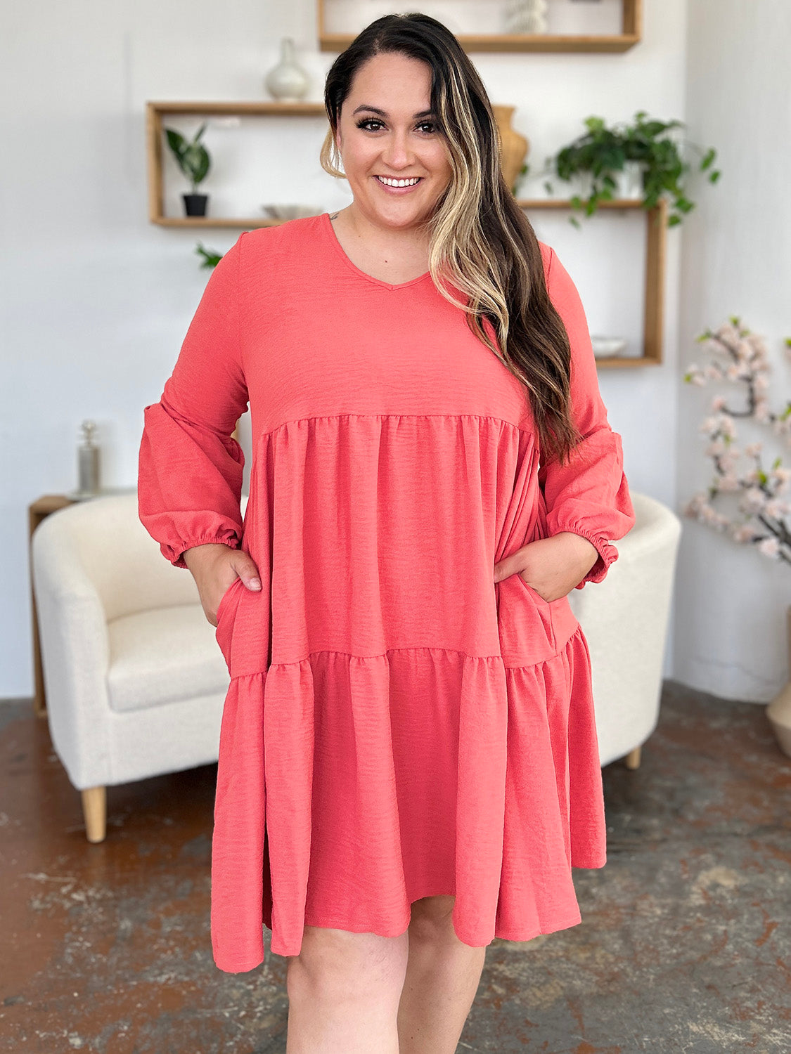 V-Neck Balloon Sleeve Tiered Dress with Pockets- 5 Colors (Pink, Coral, Black, Light Green, Light Blue)