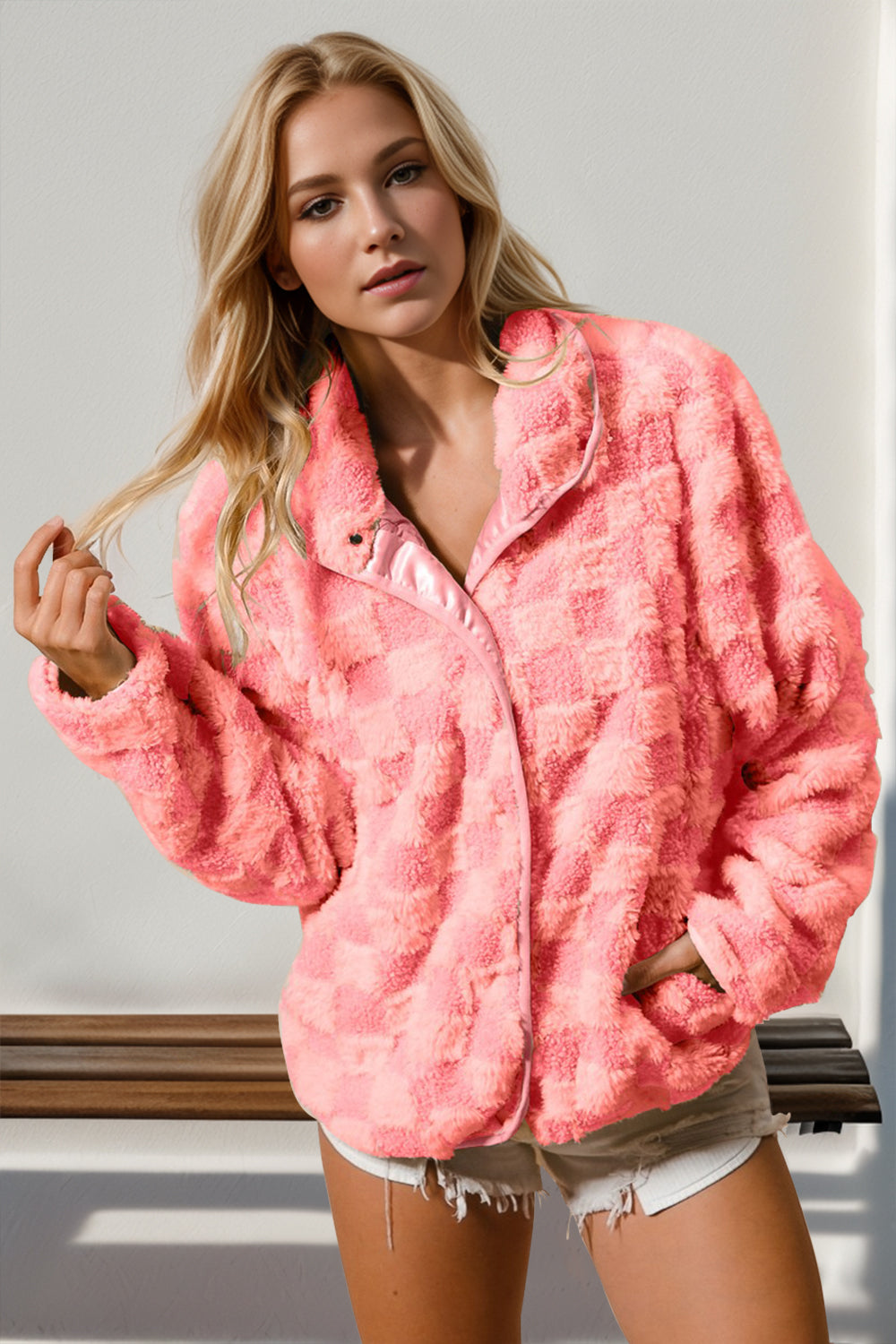 Checkered Fuzzy Jacket- 2 Colors (Strawberry, Camel)