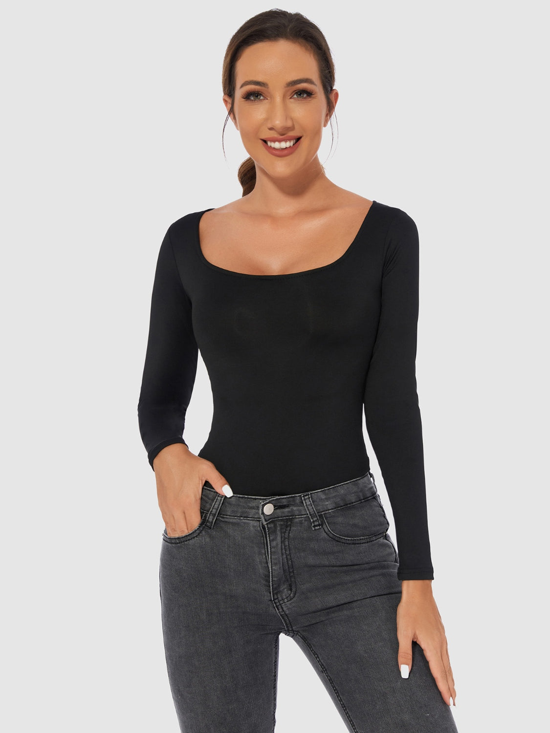 4 Colors - Scooped Long Sleeve Bodysuit- (White, Black, Brown, Tan)