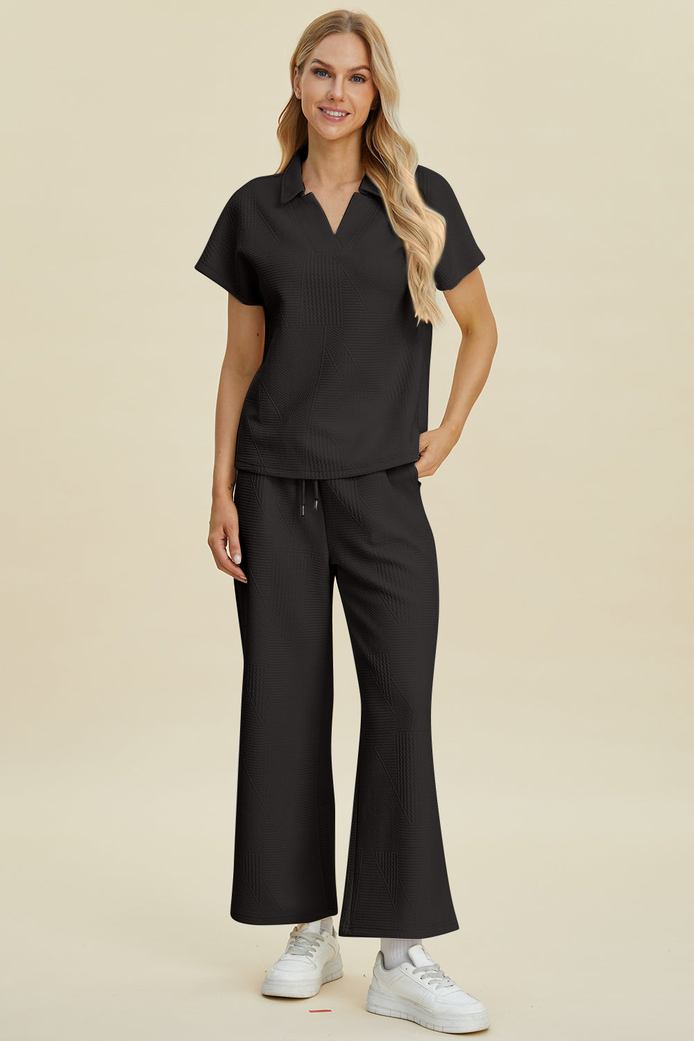 Collared Neck Short Sleeve Top and Pants Set- 2 Colors (Cream, Black)