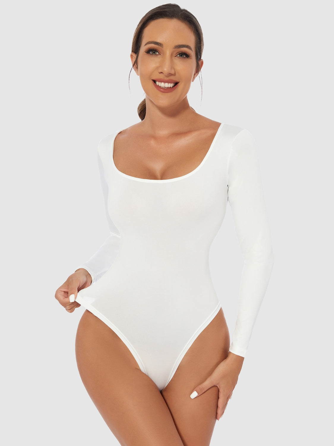 4 Colors - Scooped Long Sleeve Bodysuit- (White, Black, Brown, Tan)