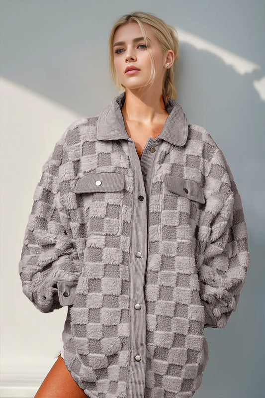 Call Me Boujee Fuzzy Checkered Shacket- Grey