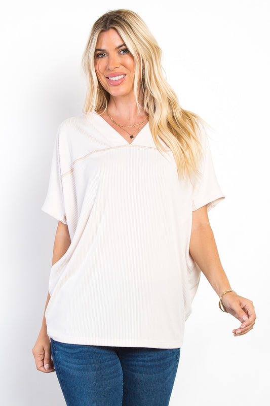 Beige V-Neck Short Sleeve Ribbed Top