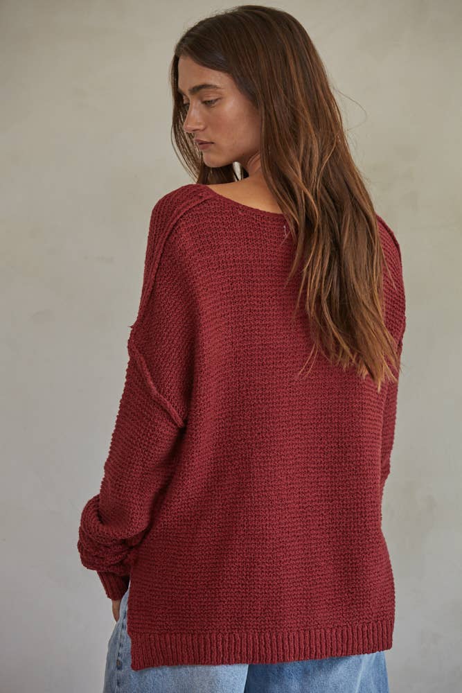 W1289 | Knit Sweater V-Neck Long Sleeve Top: Mocha / S