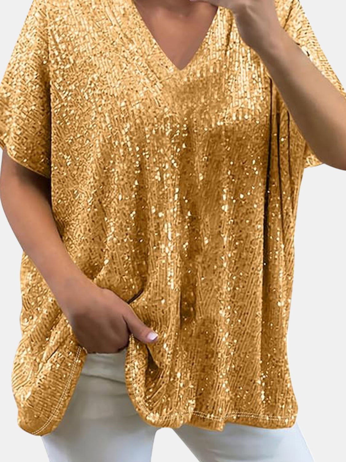 Sequin V-Neck Top - 9 Colors - Champagne, Silver, Rose Gold, Black, Ruby, Brass, Sapphire, Deep Rose, Amethyst