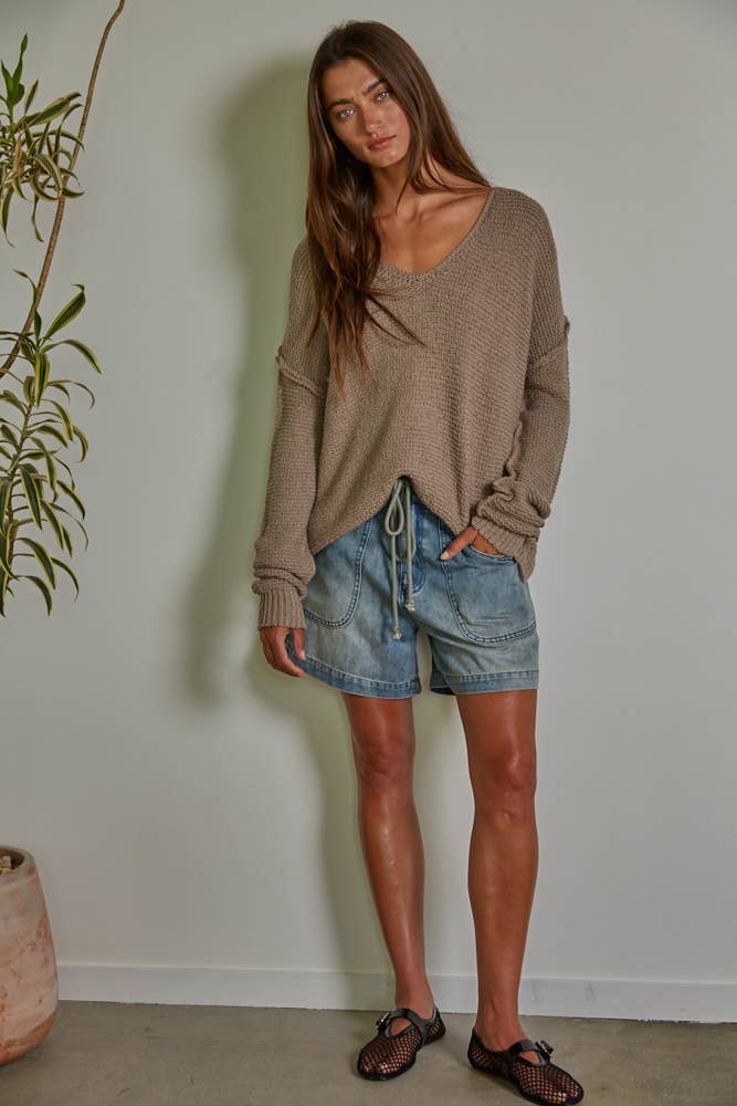 W1289 | Knit Sweater V-Neck Long Sleeve Top: Mocha / S