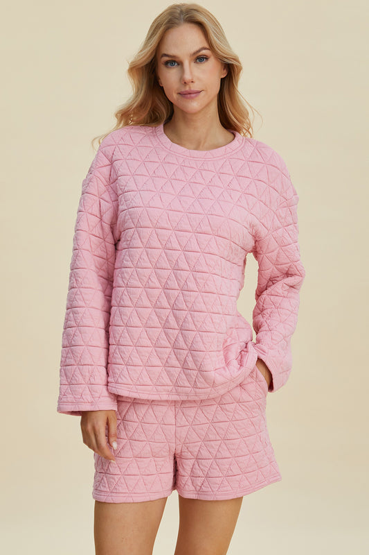 Texture Long Sleeve Top and Shorts Set- 3 Colors (Pink, Black, Coffee)