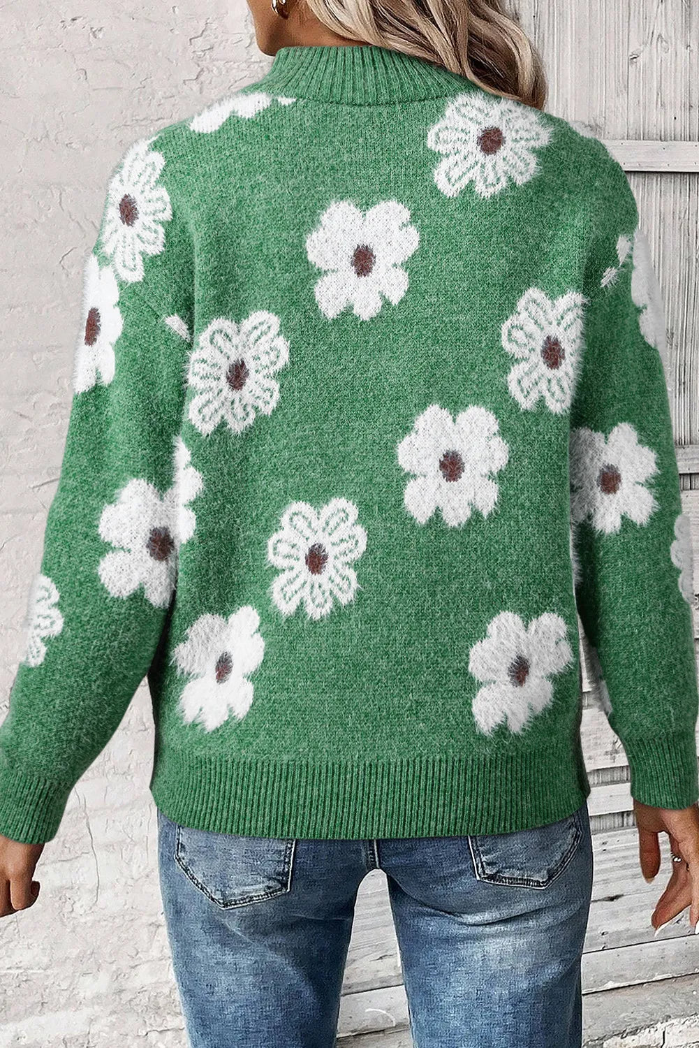 4 Colors- Floral Half Zip Long Sleeve Sweater