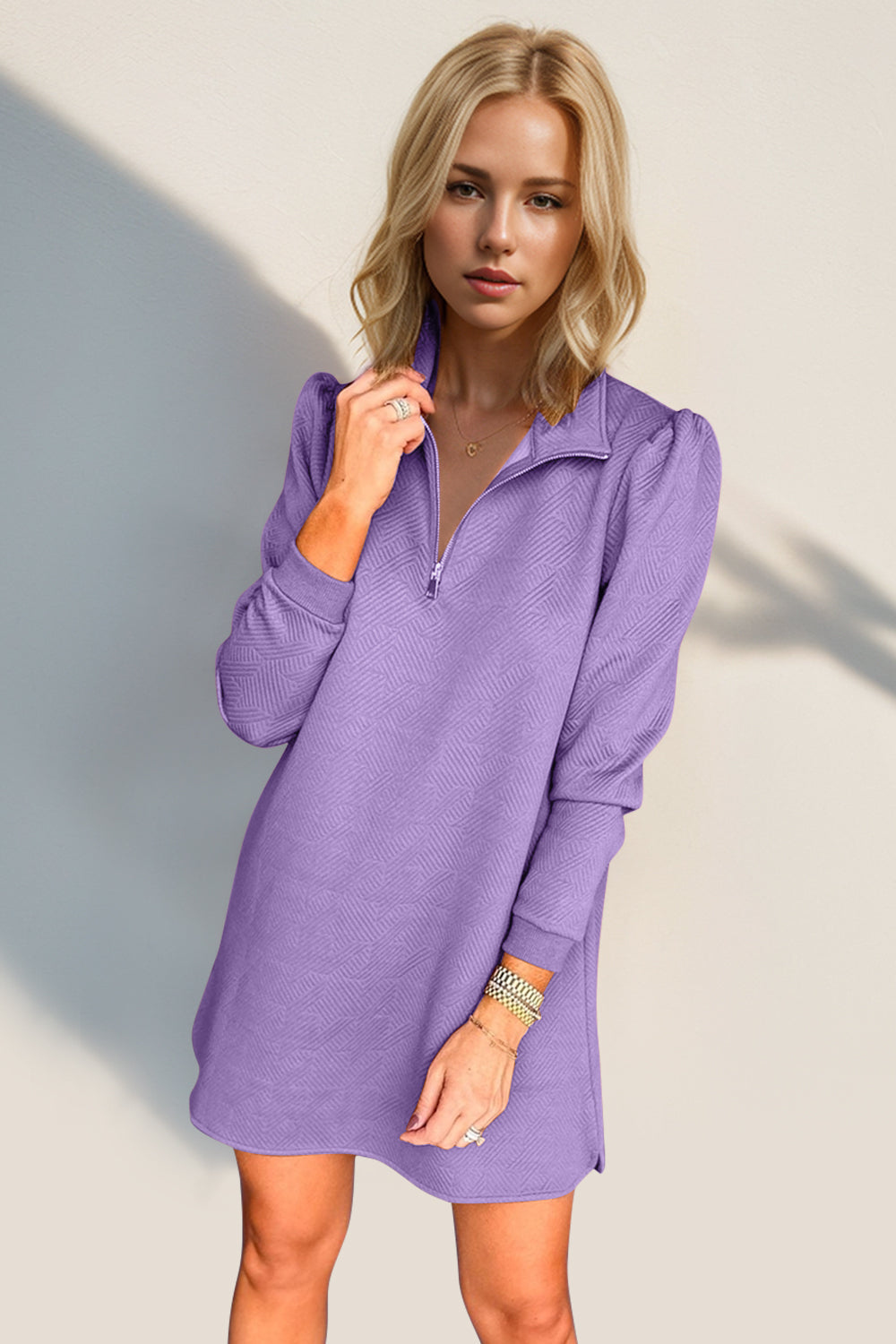 Textured Quarter Zip Long Sleeve Dress- 5 Colors (Blue, Lavender, Khaki, Green, Cream)