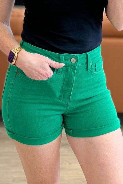 Money Green Tummy Control Cuffed Judy Blue Shorts