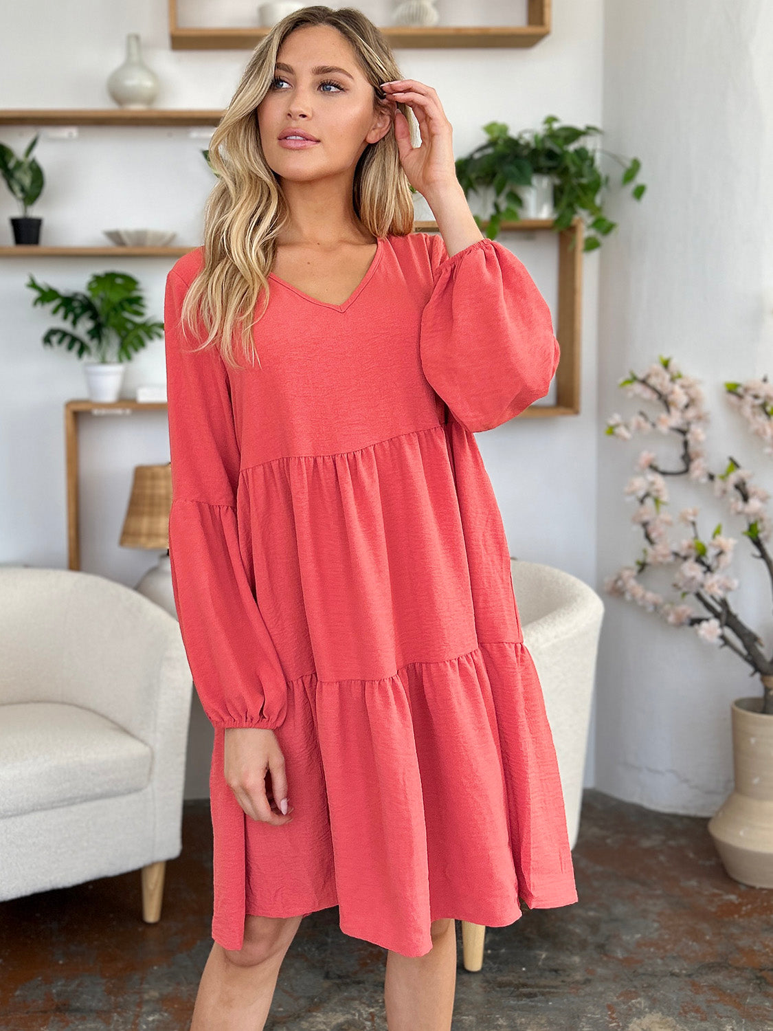 V-Neck Balloon Sleeve Tiered Dress with Pockets- 5 Colors (Pink, Coral, Black, Light Green, Light Blue)