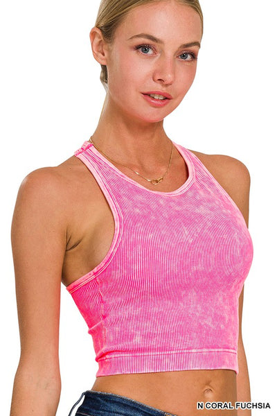 High Neck Ribbed Cropped Cami- Neon Coral Pink