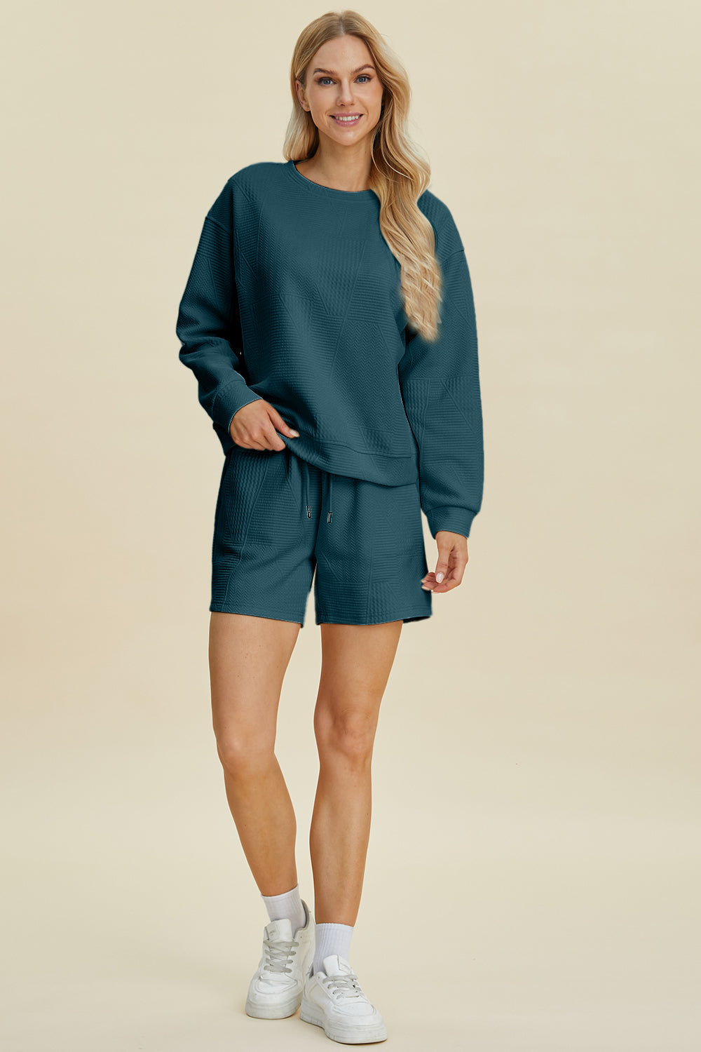 Texture Long Sleeve Top and Shorts Set