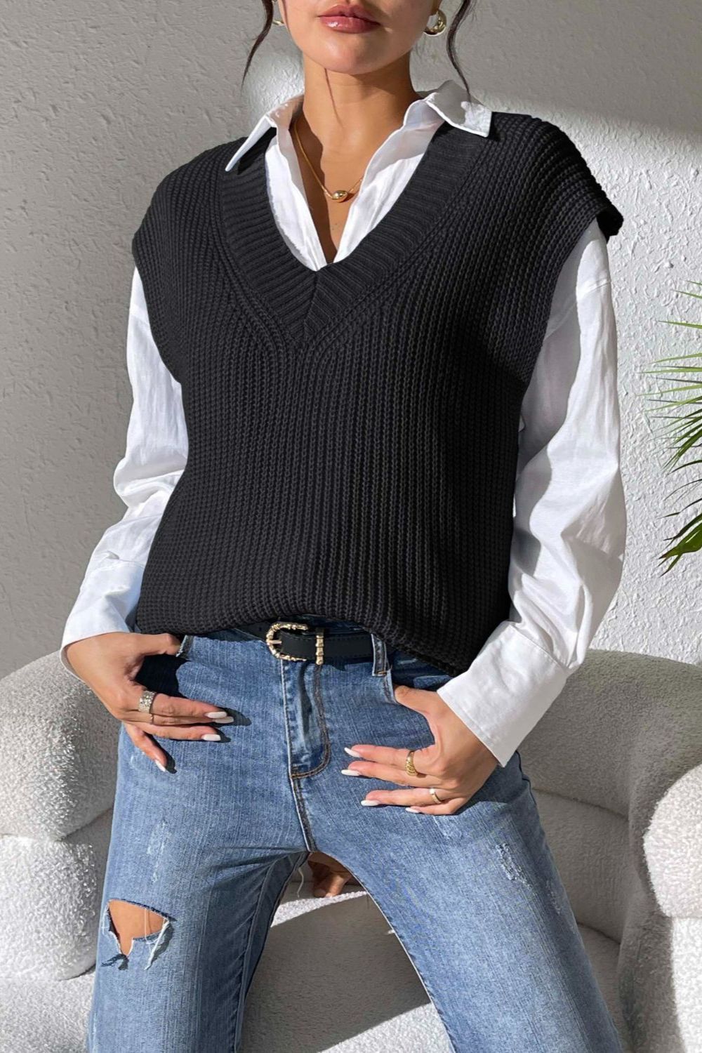 V-Neck Sweater Vest- 5 Colors (Light Blue, Chocolate, Black, Beige, Ivory)