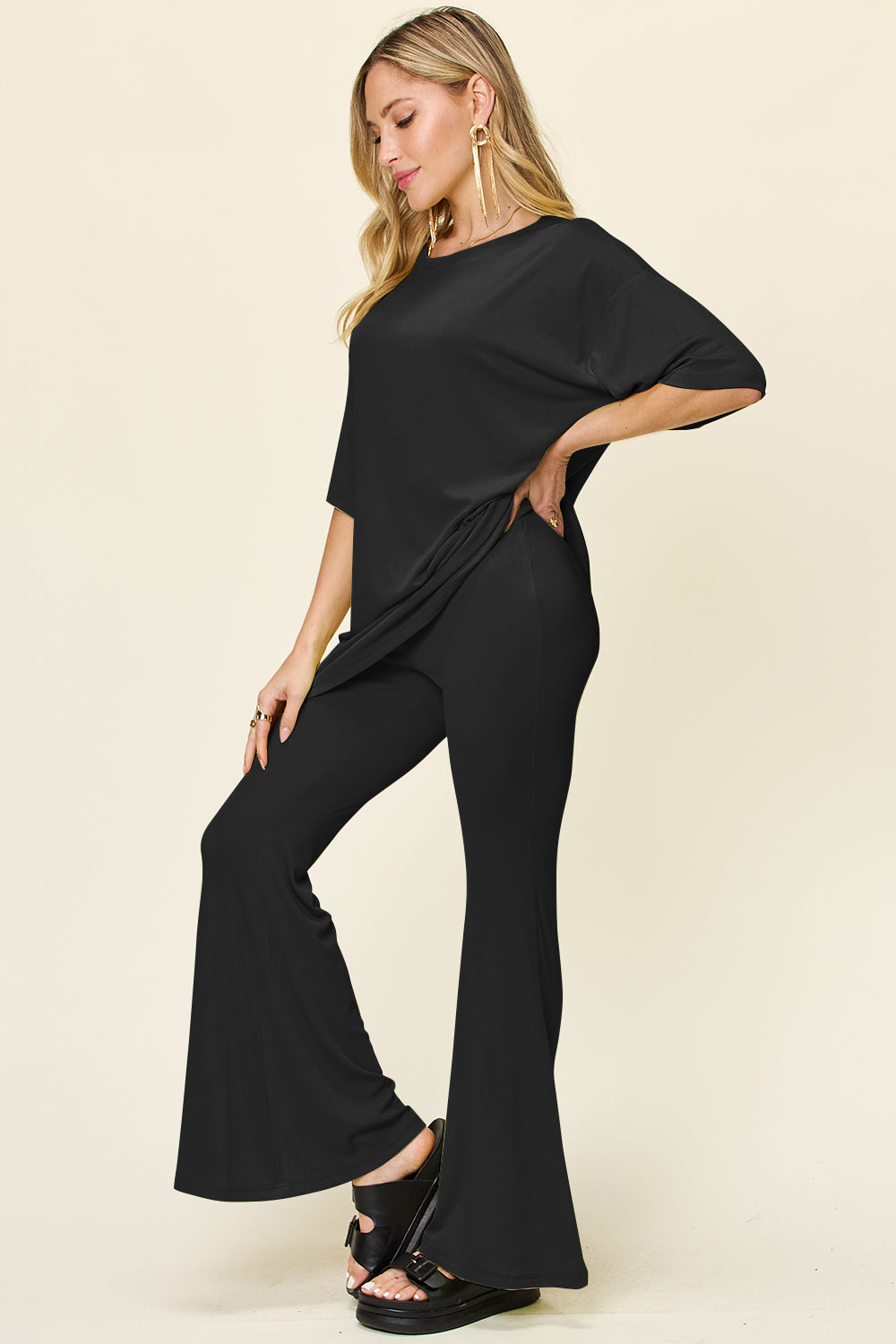 Drop Shoulder T-Shirt and Flare Pants Set- 6 Colors (Black, Mocha, Dusty Pink, Light Grey, Lavender, Deep Red)