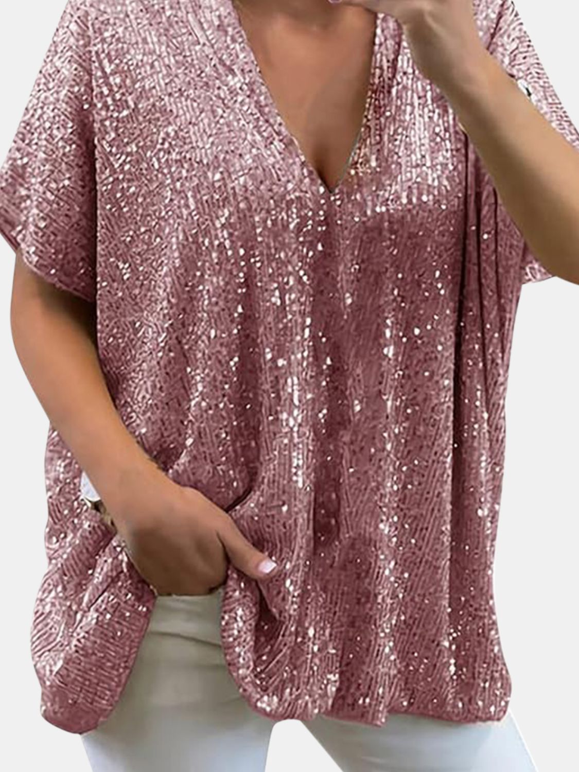 Sequin V-Neck Top - 9 Colors - Champagne, Silver, Rose Gold, Black, Ruby, Brass, Sapphire, Deep Rose, Amethyst