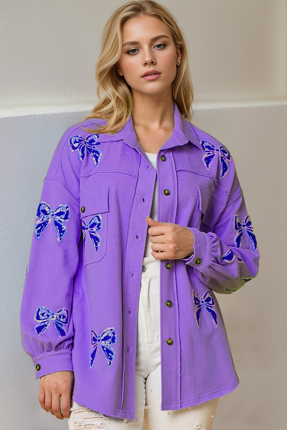 Sequin Bow Button Up Shacket- 2 Colors (Light Blue, Purple)