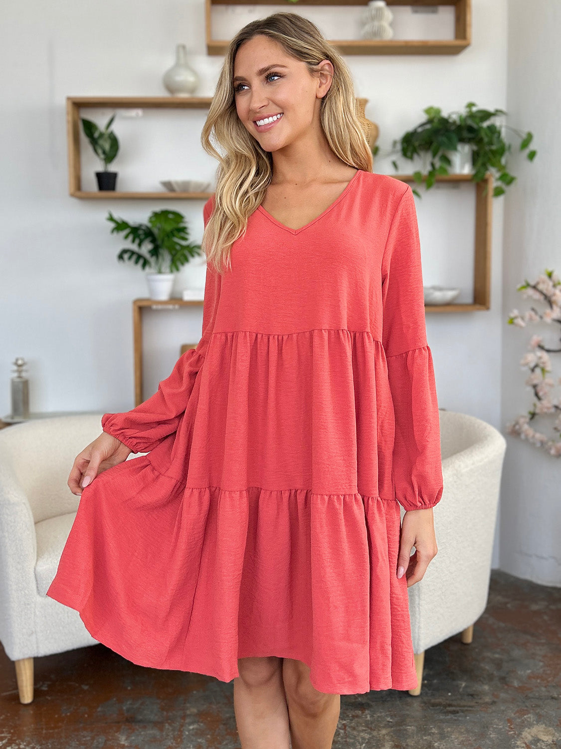 V-Neck Balloon Sleeve Tiered Dress with Pockets- 5 Colors (Pink, Coral, Black, Light Green, Light Blue)