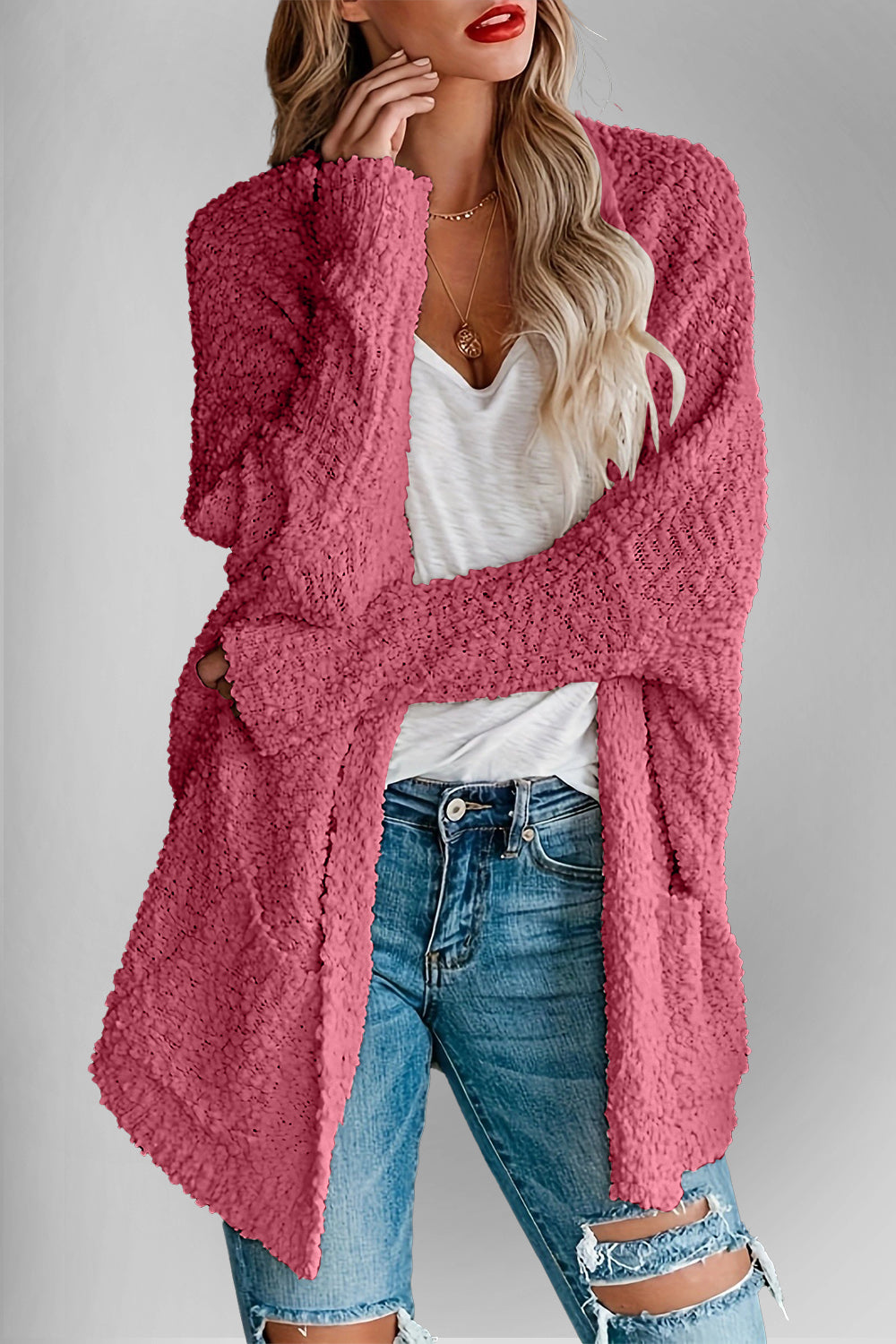 Pocketed Open Front Cardigan- 6 Colors (Cream, White, Black, Green, Rose, Pink)