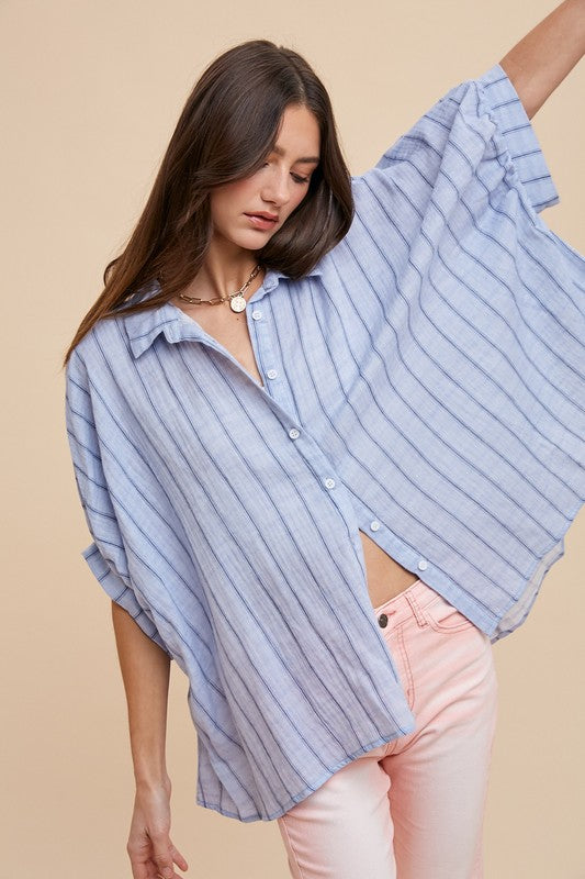 Annie Wear Striped Button Up Top- Baby Blue