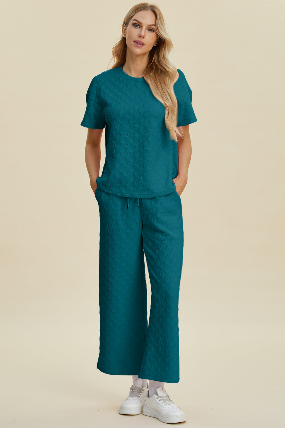 Texture Round Neck Short Sleeve Top and Pants Set- 4 Colors (Dark Green, Pink, Cerulean, Black)