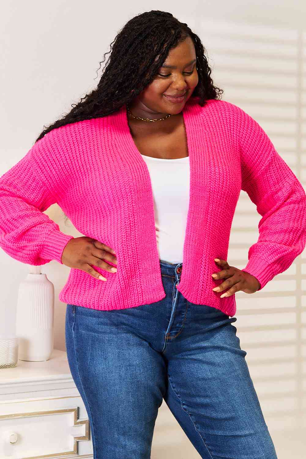 ~Deep Pink Drop Shoulder Cardigan