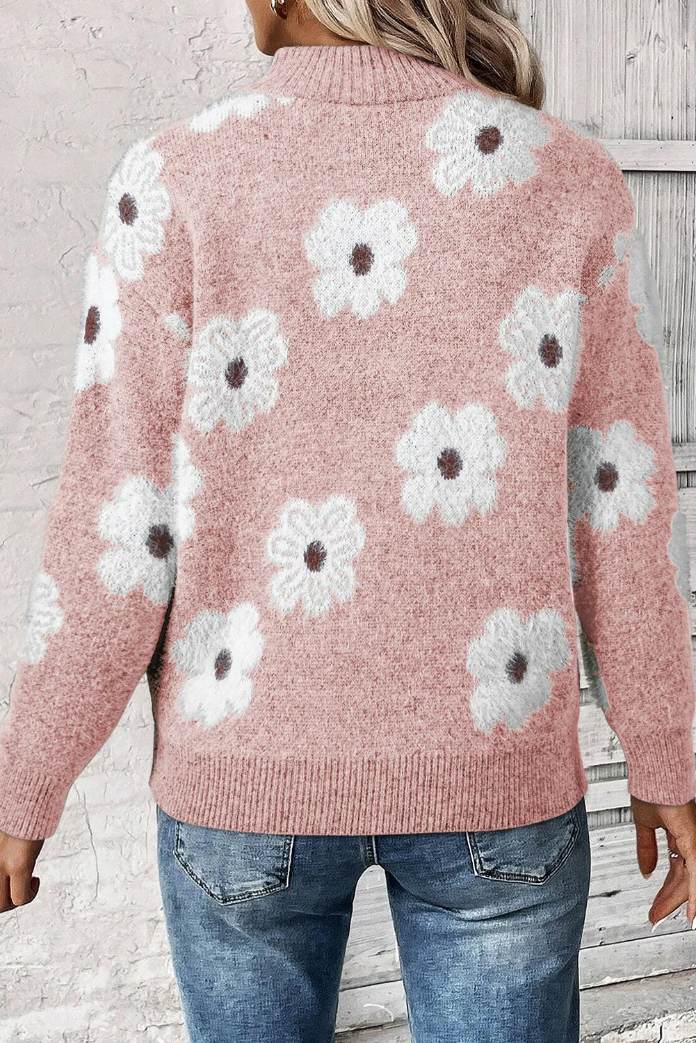 4 Colors- Floral Half Zip Long Sleeve Sweater