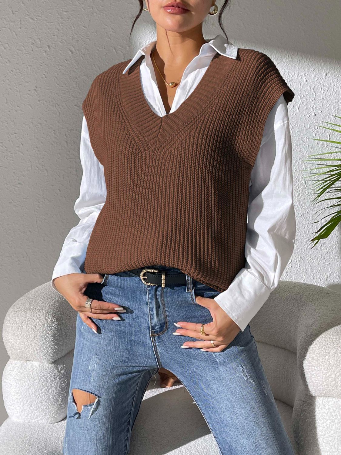 V-Neck Sweater Vest- 5 Colors (Light Blue, Chocolate, Black, Beige, Ivory)