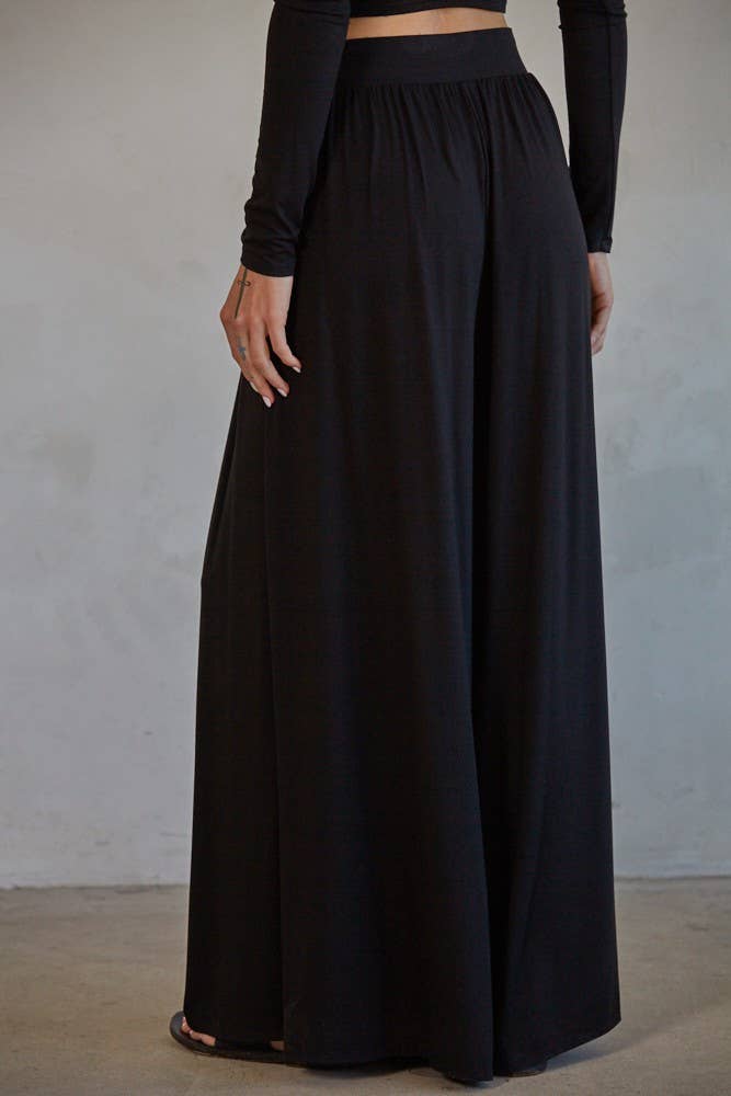 RJ3129 | Knit Polyester Spandex Wide Leg Pants: Black / S