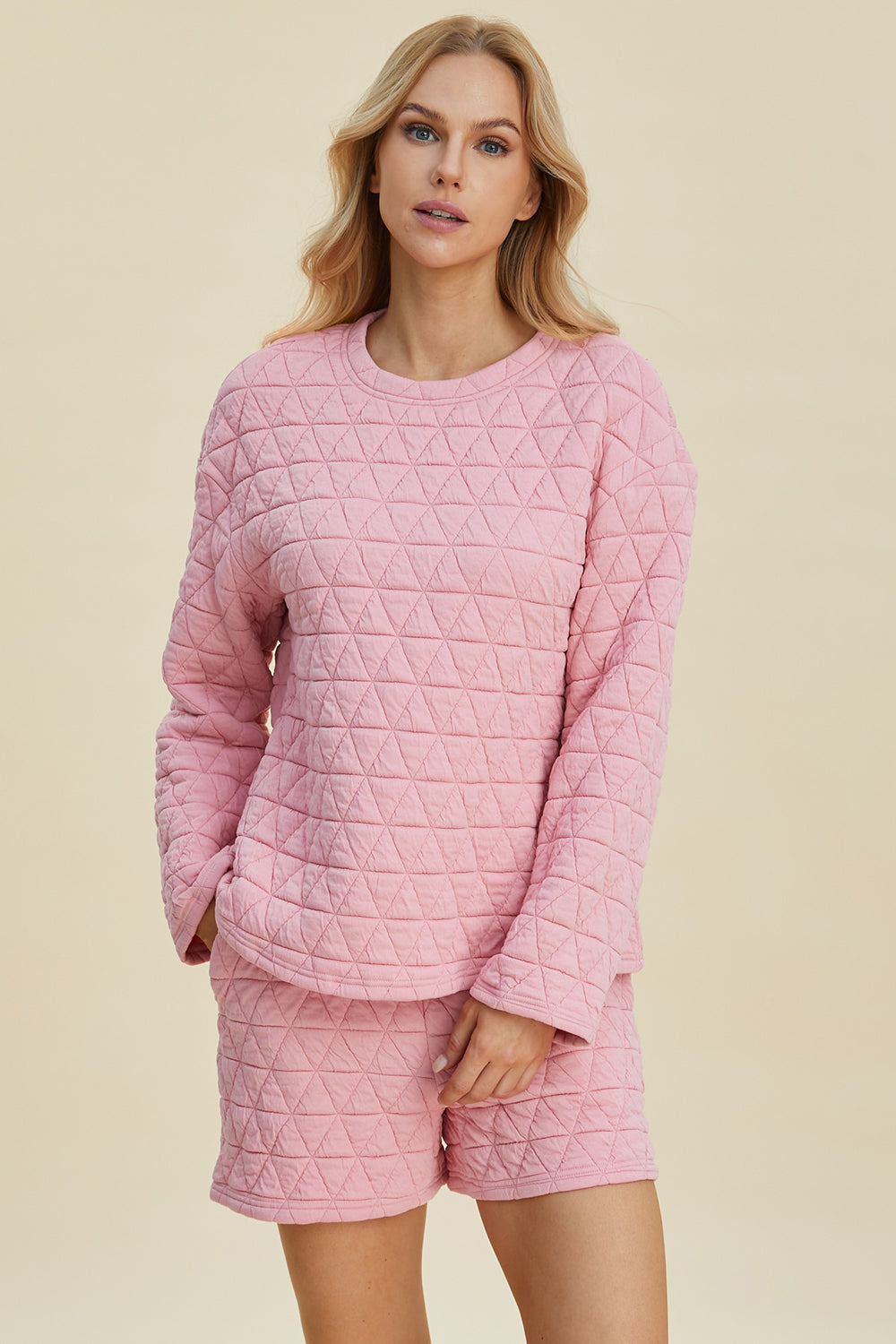 Texture Long Sleeve Top and Shorts Set- 3 Colors (Pink, Black, Coffee)