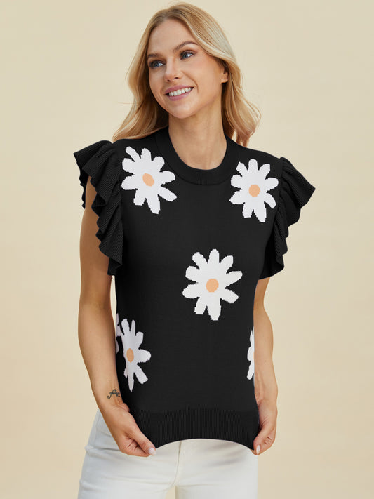 Ruffled Flower Round Neck Cap Sleeve Sweater- Black