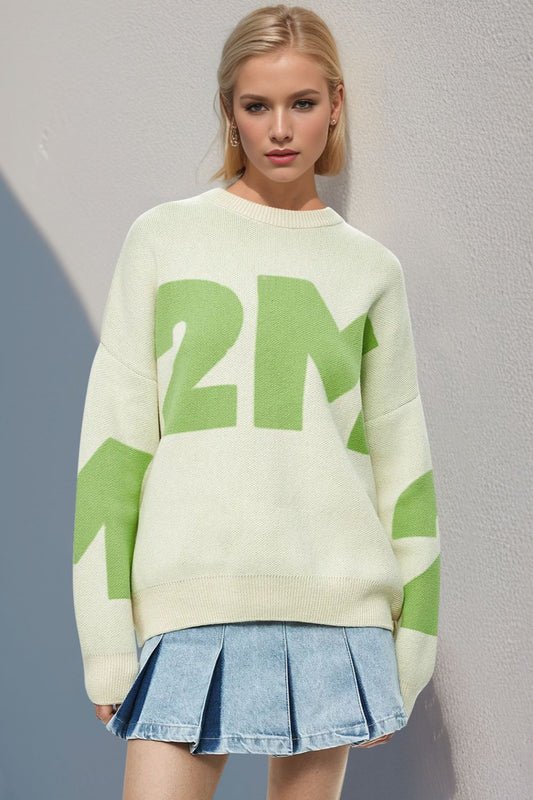 Contrast Letter Sweater- 5 Colors (Lime, Tan, Blue, Navy, Pink)