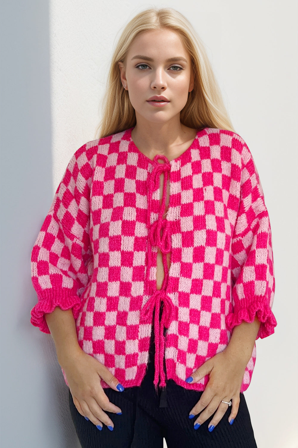 Tied Checkered Dropped Shoulder Cardigan- 7 Colors